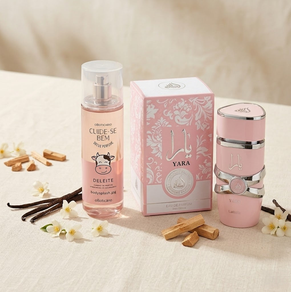 Kit Dupla Irresistível: Perfume Árabe Yara Lattafa + Body Splash Deleite O Boticário